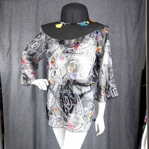 - Sheer V-neck Black & White Floral Bikini Cover Up